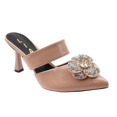 Imagem de Tamanco Mule Feminino Verniz Salto Taça Médio Flor Strass Elegante Lux