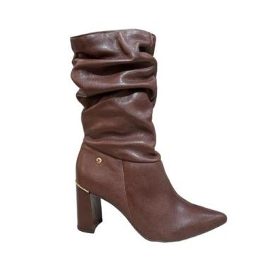 Imagem de Bota Feminina Salto Alto Tanara Couro Bico Fino Original, Cafe, 37, Fe
