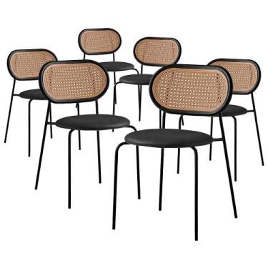 Imagem de Kit 6 Cadeiras Jantar Velvet Encosto Rattan Estofado Preta - SF.Home