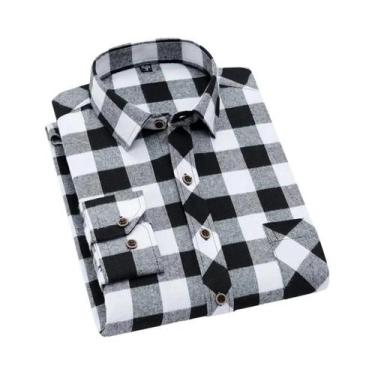 Imagem de Camisa De Flanela De Algodão Masculina Com Estampa Xadrez, Manga Longa