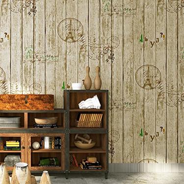 Imagem de QIHANG Papel de parede de madeira vintage estilo americano Rolos Árvores Vinil Bar/Cafeteria Papel de parede Torre de ferro Imitação de madeira Decoração para casa 20,8" (0,53 m) x 393,7" (10 m) (Marrom claro)
