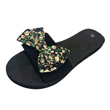 Imagem de Sandálias para mulheres casuais verão mulheres chinelos de praia floral sem cadarço chinelos de moda plana bico aberto verão casual, Preto, 7