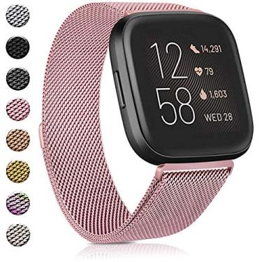 Imagem de Amzpas Pulseiras compatíveis com Fitbit Versa 2/Versa SE/Versa Lite/Versa, pulseira magnética ajustável de malha de aço inoxidável respirável para mulheres e homens (pequena, rosa rosa)