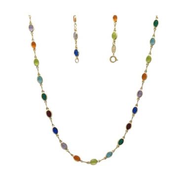 Imagem de Colar Gargantilha Feminina Folheado a Ouro Pedras Coloridas Ovais 45cm