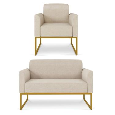 Imagem de Kit 01 Namoradeira 02 Lugares e 01 Poltrona Marisa Linho Base Industrial Metálica Dourado - D`Rossi