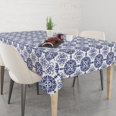 Imagem de Toalha De Mesa Retangular 6 Lugares Tecido Oxford Azulejo Ornamento Azul TLS26 - 220x140cm