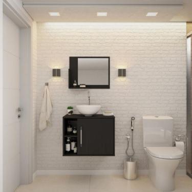 Imagem de Conjunto para Banheiro Gabinete com Cuba Redonda R30 e Espelheira Soft 600  Preto Ônix