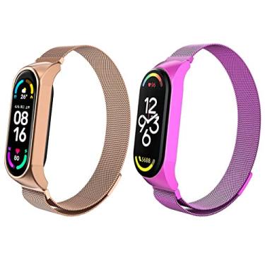 Imagem de Kit 2 Pulseira magnética de metal para Xiaomi Band 7 6 5 4 3, pulseira de substituição de aço inoxidável ajustável para smartwatch, adequada para mulheres, homens, esportes e trabalho. (Mi Band 7, Ouro rosa + roxo)