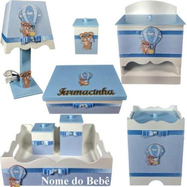 Imagem de Kit Farmacinha De Bebê Mdf Menino - Urso Balão Branco E Tampas Azul Bb