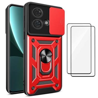 Imagem de Capa para Motorola Moto Edge 40 Neo Capinha | com 2 protetores de tela temperados, janela deslizante de proteção da câmera integrada e suporte para telefone - Vermelho