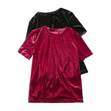 Imagem de Floerns Camiseta feminina de veludo com gola redonda e gola redonda, 2 peças, Preto e vermelho, P