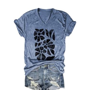 Imagem de Camiseta feminina com estampa de flores silvestres e gola V vintage flores cottage core manga curta, Azul, M