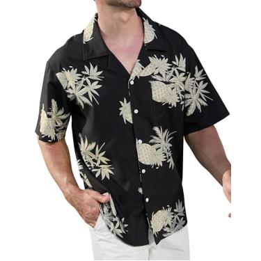Imagem de SILKWORLD Camisa havaiana masculina de manga curta de ajuste regular, camisetas casuais com estampa vocacional, 18 preto - abacaxi amarelo, GG