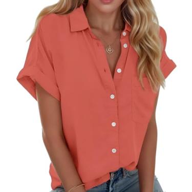 Imagem de Teepie Camisetas femininas de manga curta de verão com gola V casual de botão para mulheres blusas de trabalho com gola e bolsos, Laranja, vermelho, P