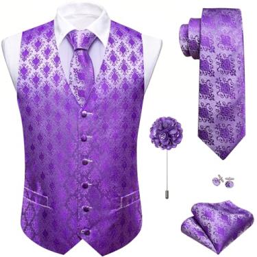 Imagem de Barry.Wang Colete masculino formal floral Paisley Jacquard gravatas de seda conjunto de colete casamento 5 peças, Roxo escuro C, GG