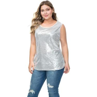 Imagem de LLmansha Camiseta regata feminina plus size com glitter, sem mangas, para festa, Prata, Medium Plus