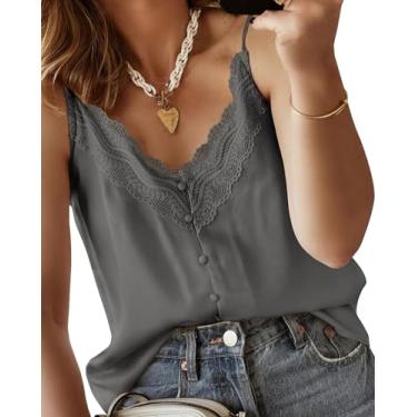 Imagem de miduo Camiseta regata feminina de cetim com gola V, acabamento em renda, abotoada, alças finas, sem mangas, Cinza, GG