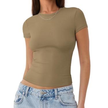 Imagem de MIROMIHO Camisetas femininas básicas, gola redonda, manga curta, tops bonitos de verão, modelagem justa, roupas Y2k 2024, Café, X-Small