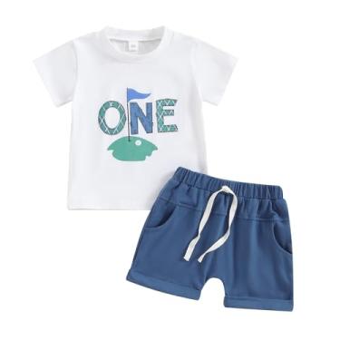 Imagem de BULINGNA Conjunto de camiseta de golfe de manga curta com shorts, 2 peças de roupas de verão para bebês meninos, primeiro aniversário, Azul marinho, 6-12 Meses