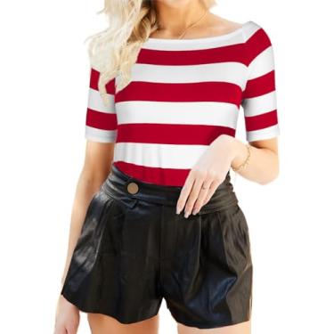 Imagem de LilyCoco Camiseta feminina com ombros de fora, manga cotovela, gola canoa, justa, elástica, Listras largas vermelhas e brancas, GG