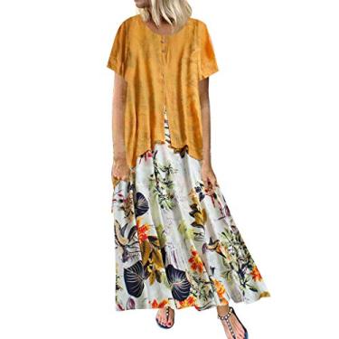 Imagem de Vestido feminino de linho de verão vintage plus size casual boho floral vestido longo manga curta gola redonda vestido de férias na praia, A - amarelo, Large Plus