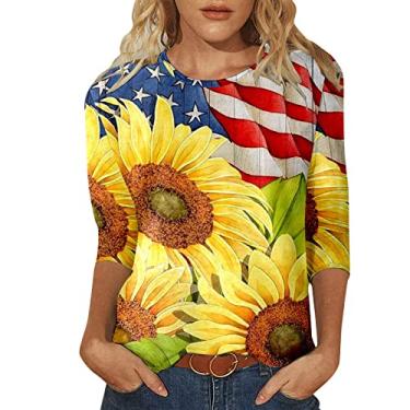 Imagem de Camisetas femininas 4 de julho com bandeira americana Memorial Day manga 3/4 gola redonda listras St-a-rs (amarelo, P), Amarelo, P