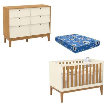 Imagem de Berço Americano e Cômoda 6 Gavetas Unique Off White Freijó Eco Wood com Colchão Ortobom...