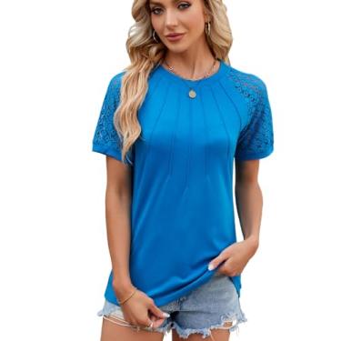 Imagem de Camiseta feminina de cor lisa, gola redonda, renda, patchwork, elegante, primavera, painel moderno, casual, camisetas gráficas, Azul poroso, GG