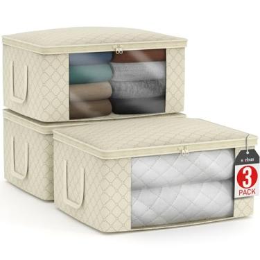 Imagem de Sorbus Organizadores de bolsa de armazenamento dobrável, janela transparente grande e alças de transporte, ótimo para roupas, cobertores, armários, quartos e mais (pacote com 3, bege)