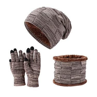 Imagem de Conjunto de gorro e cachecol de malha de inverno, luvas, forro de lã grossa, boné quente, aquecedor de pescoço, luvas com tela sensível ao toque para homens e mulheres