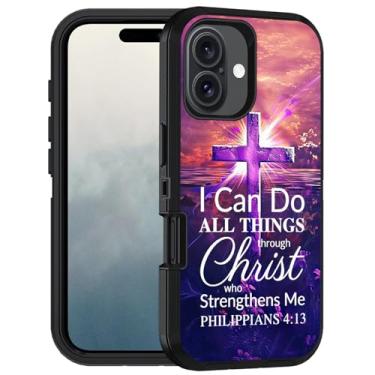 Imagem de FQTBCEARI Capa projetada para iPhone 16 Plus, 3 camadas resistentes à prova de choque para iPhone 16 Plus (6,7 polegadas 2024), versículos bíblicos com citações cruzadas Filipenses 4-13