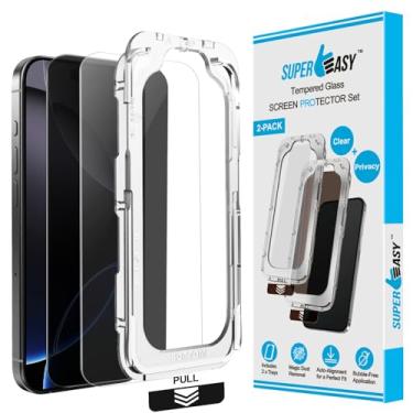 Imagem de SUPER EASY Pacote com 2 protetores de tela de vidro temperado para telefone 16 Pro (6,3 polegadas) – Privacidade e transparente, bandejas de instalação duplas, compatível com capas, extraforte,