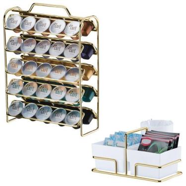 Imagem de Kit Dourado Suporte 50 Cápsulas Café Nespresso + Porta Saches Mexedor 