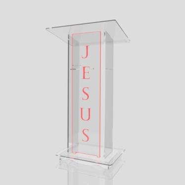Imagem de Púlpito em Acrílico para Igreja e/ou Eventos com Gravação e Led grátis Mod. Lucas, Transparente (Tradicional, Moderna ou Sem Gravação) Cores em Led (Grav. "Jesus" Tradicional, LED VERMELHO)