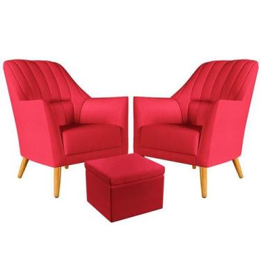 Imagem de Kit 2 Poltronas Orion Bordada com Puff Quasar Suede Vermelho Aradecor