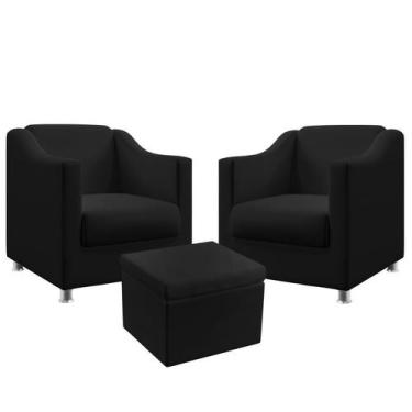 Imagem de 2 Poltronas Almofadada Alya Com Puff Quasar Couro Preto Aradecor