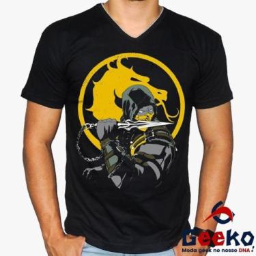 Imagem de Camiseta Scorpion 100% Algodão Mortal Kombat Geeko, Preto gola v, GG