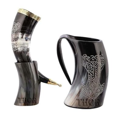Imagem de Caneca Viking Drinking Thor Horn Tankard | Hidromel e cerveja bebem como um viking - Melhor presente para conjunto feito à mão rústico vintage decoração de casa presentes