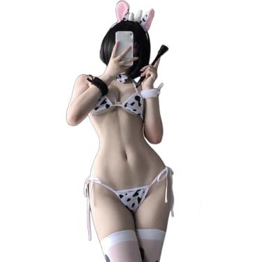 Imagem de SINGUYUN Conjunto de sutiã e calcinha feminino anime vaca cosplay lingerie lolita kawaii roupa íntima japonesa meia de vaca, 2389, One Size