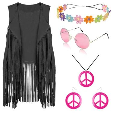 Imagem de FunMular Roupas femininas dos anos 60, 70, discoteca, hippie, roupa feminina, sinal de paz, brinco, faixa de cabeça, colete com franja, franja, franja, cardigã, Preto, Small