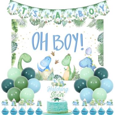 Imagem de Wonmelody Dinosaur Baby Shower Decor for Boy Blue with Rawr its A Boy Backdrop Banner Hatching Soon Dinosaur Baby Shower Cupcake Toppers Supplies for Oh Boy Hatching Soon Baby Shower Dino Roar Party