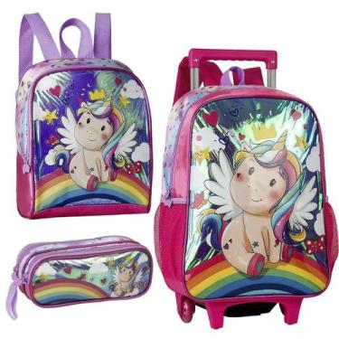 Imagem de Kit Escolar Unicórnio Mochila De Rodinhas Com Estojo E Lancheira Clio 