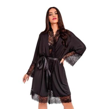 Imagem de Robe IMI Lingerie Com Renda Florallys Preto, G, Preto