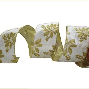 Imagem de Fita aramada marfim flor dourado ouro 3 metros 63mm natal decoração pr