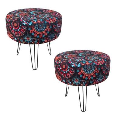 Imagem de Kit 02 Puff Banqueta Rio Redondo Estampado Mandala Vermelho Pés De Aço