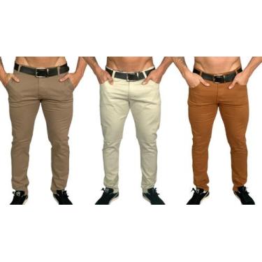 Imagem de Kit 3 calça masculina slim com lycra caqui bordo marrom skinny - empor