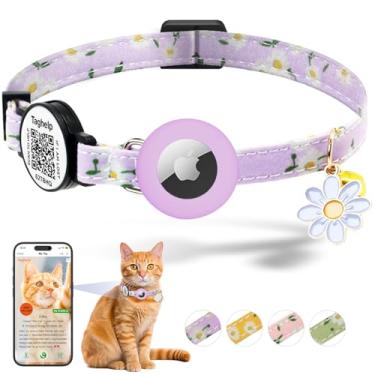 Imagem de Coleira Airtag para gatos de 20 a 33 cm, leve e confortável, coleira com pingente de sinos e flores separável com silicone com suporte de etiqueta Apple Air Tag Smart ID para gatos e filhotes (Roxo)