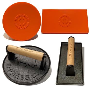 Imagem de OUTDO.MXT Prensa de hambúrguer de ferro fundido de 17,8 cm e 21,6 cm x 11,9 cm, esmagador de hambúrguer resistente com cabo de madeira e capa protetora de silicone para grelha, prensa para hambúrguer