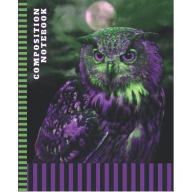 Imagem de Halloween Owl Composition Notebook Wide Ruled: 7.5 x 9.25 Blank Paper / 108 Pages/Stationery Gift for Note Taking - Writing - Doodles/Purple Green Spooky Bird Full Moon Art Photo Theme Cover