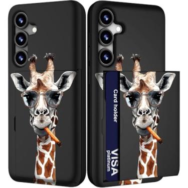 Imagem de IWONE Capa compatível com Samsung Galaxy S23 Plus fofa com porta-cartões/slot fino à prova de choque S23+ capa carteira para celular/retrato de girafa em óculos fumando animal legal